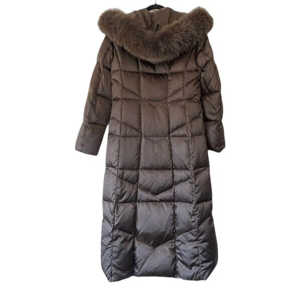 1 Madison Limited Collection Long Puffer Coat Fox Fur Trimmed Hood Brown Size S - Picture 4 of 8